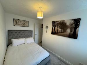 1 dormitorio con 1 cama con una foto en la pared en Town centre cosy 2 bedroom apartment, en Market Deeping