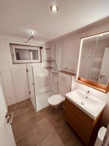 La salle de bains est pourvue d'une douche, de toilettes et d'un lavabo. dans l'établissement Ferienwohnung/Monteurwohnung Souterrain, neu renoviert, à Minden