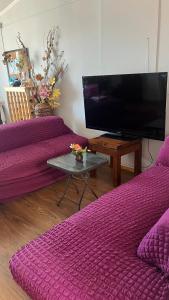 sala de estar con sofá púrpura y TV en Ubicación central cabaña frente al mar, en Tocopilla