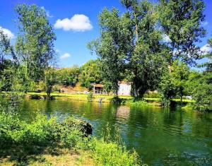a view of a river with a house in the background at Camping Paradis Aubeterre in Aubeterre-sur-Dronne