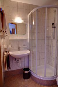 a bathroom with a shower and a sink at Ferienhotel Iris in Auffach