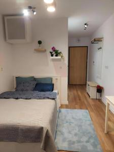 um quarto com uma cama, uma mesa e uma porta em L3 Warsaw Apartments Sauna&Gym em Varósvia