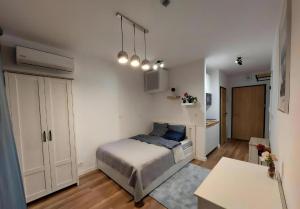 - une chambre avec un lit et un bureau dans l'établissement L3 Warsaw Apartments Sauna&Gym, à Varsovie