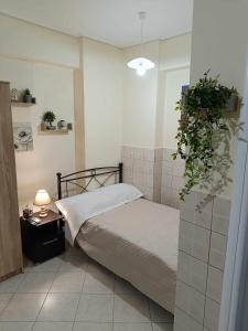 a bedroom with a bed with a plant on the wall at Lagadas Shiny apartments in Mytilini