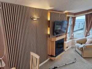 a living room with a tv and a couch at Harries Lodge ocean in New Quay
