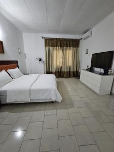 um quarto com uma cama e uma televisão de ecrã plano em Octave's APT em Ponta Negra
