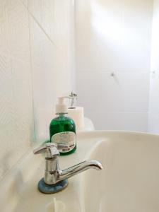 un lavabo con una botella de jabón verde. en Chalé Ilha Verde-Cumuruxatiba, en Cumuruxatiba