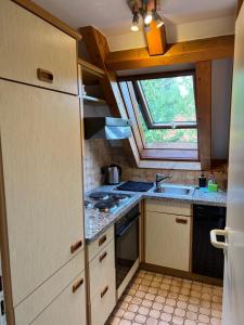 Elle comprend une petite cuisine avec un évier et une fenêtre. dans l'établissement Titisee Traumblick, à Hinterzarten