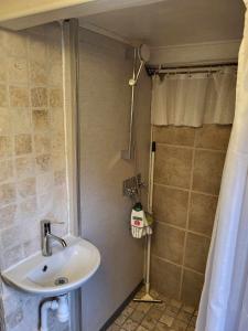 a bathroom with a sink and a shower at Sydfynsk idyl tæt på det hele. in Svendborg