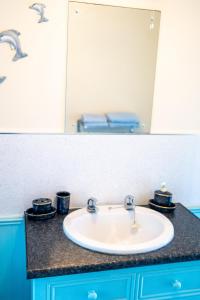 a bathroom counter with a sink and a mirror at Upper Cottage Newcastle Emlyn in Cwm-pengraig +13 photos
