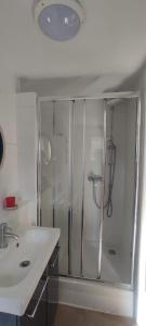 um chuveiro numa casa de banho ao lado de um lavatório em Studio indépendant terrasse entre mer et collines em Marselha