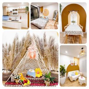 a collage of pictures of a room with a tent at AmHome Premium Vinhome OceanPark in Hanoi