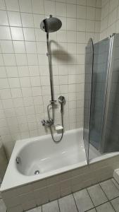 a bath tub with a shower in a bathroom at Zum Zacherwirt in Hengersberg