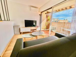 ein Wohnzimmer mit einem Sofa und einem TV in der Unterkunft AA P Terrasse de Stella in Nizza