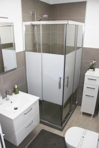 e bagno con doccia, servizi igienici e lavandino. di REST AND RESTAURANT in Roveredo a Roveredo