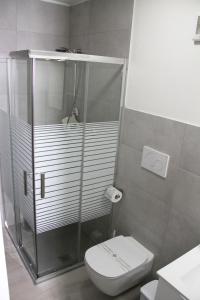 La salle de bains est pourvue de toilettes et d'une douche en verre. dans l'établissement REST AND RESTAURANT in Roveredo, à Roveredo