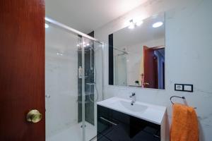 La salle de bains est pourvue d'un lavabo et d'une douche avec un miroir. dans l'établissement El Soto Apartamento, à Zamora