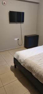 a bedroom with a bed and a flat screen tv at Hermes complex1 paralimni in Paralimni