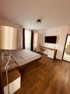 a bedroom with a bed and a desk and a television at Green Garden in Suceava