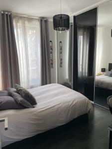1 dormitorio con cama y espejo grande en Maison de ville, en Saint-Maurice