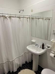 a bathroom with a white shower curtain and a sink at céntrica y 20 m de la playa in Puerto Madryn