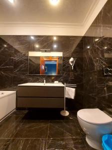 un bagno con lavandino, water e specchio di Hotel Positano 2 a Roma