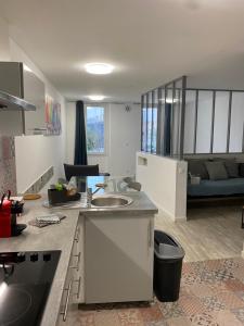 a kitchen with a sink and a living room at Accostage Vieux-Port - Appartements & Parking in La Ciotat