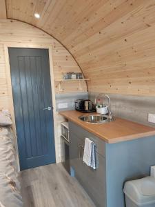 una pequeña cocina con una puerta azul en una casa pequeña en Loch Caroy Pods, en Ose