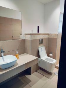 y baño con lavabo, aseo y espejo. en Modern Beachfront 3 Bedroom Mombasa near Nyali en Mombasa