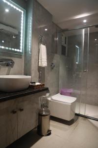 ein Bad mit einem Waschbecken, einem WC und einer Dusche in der Unterkunft HOTEL RAMTA CONTINENTAL in Patna
