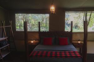 uma cama com almofadas vermelhas num quarto com duas janelas em Drunken Elephant Mara em Sekenani