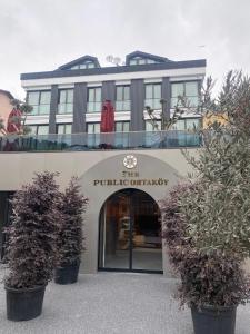 um edifício com uma entrada com vasos de plantas em frente em The Public Ortakoy em Istambul