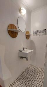 uma casa de banho com um lavatório e um espelho na parede em Studio garden cottage na Cidade do Cabo