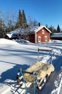 a sled in the snow in front of a house at Holiday Home Laattajan hirsipirtti by Interhome in Hyrynsalmi