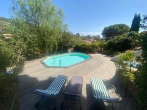 uma piscina com duas espreguiçadeiras e uma piscina em Villa Villa Vallon d'Aiguebelle by Interhome em Le Lavandou