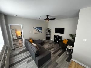 uma sala de estar com um sofá e uma televisão em NEW Large Luxurious 2BR Condo in the Heart of Uptown Coffee, Wifi em Saint John