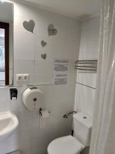 baño con aseo y lavamanos con corazones en la pared en PENSION CIBELES, en Córdoba