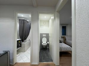 uma casa de banho com um WC, um lavatório e uma banheira em 4-Zimmerwohnung in Einfamilienhaus mit Garten und Parkplatz em Volketswil