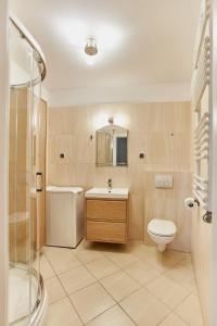 a bathroom with a toilet and a sink and a shower at Apartamenty Świnoujście Villa Concha in Świnoujście