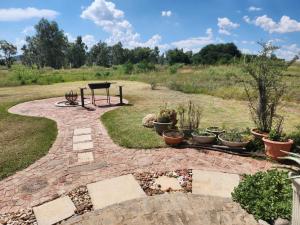 a garden with a table and potted plants at Jackalberry Guest Farm in Parys