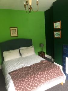 a bedroom with a bed with a green wall at No 37 in Bridport