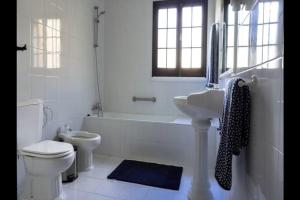 a white bathroom with a toilet and a tub and a sink at Vila Nova in Vila Franca do Campo +25 photos