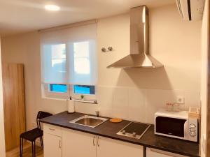 una pequeña cocina con fregadero y microondas en LURGORRI APARTAMENTOS by Gernihost, en Guernica y Luno