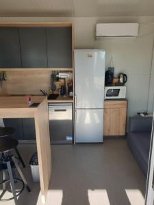 W niewielkim pokoju znajduje się kuchnia z lodówką. w obiekcie CHARTA mobile home Maya w mieście Pirovac