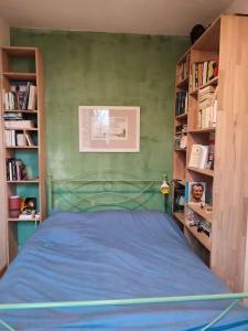 um quarto com uma cama num quarto com prateleiras de livros em Entire house with garden special for Olympique game 2024 em Ivry-sur-Seine