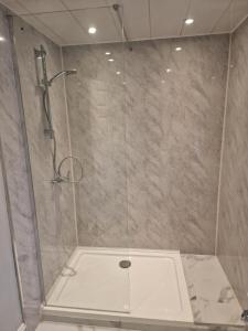 a bathroom with a shower with a glass door at Levy Nook 3 in Darlington