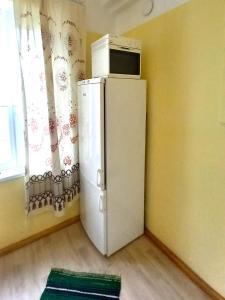 a microwave on top of a refrigerator in a room at Majakovski Guesthouse in Sillamäe