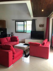 a living room with red couches and a flat screen tv at Grande et belle maison spacieuse 2 ch au calme 