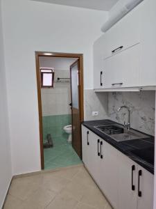 uma cozinha com um lavatório e um WC num quarto em Villa Korado em Saranda