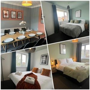 eine Collage mit drei Bildern eines Schlafzimmers mit zwei Betten in der Unterkunft Harmony House - 4 Doubles, Free Wi-fi, Parking in Walsall